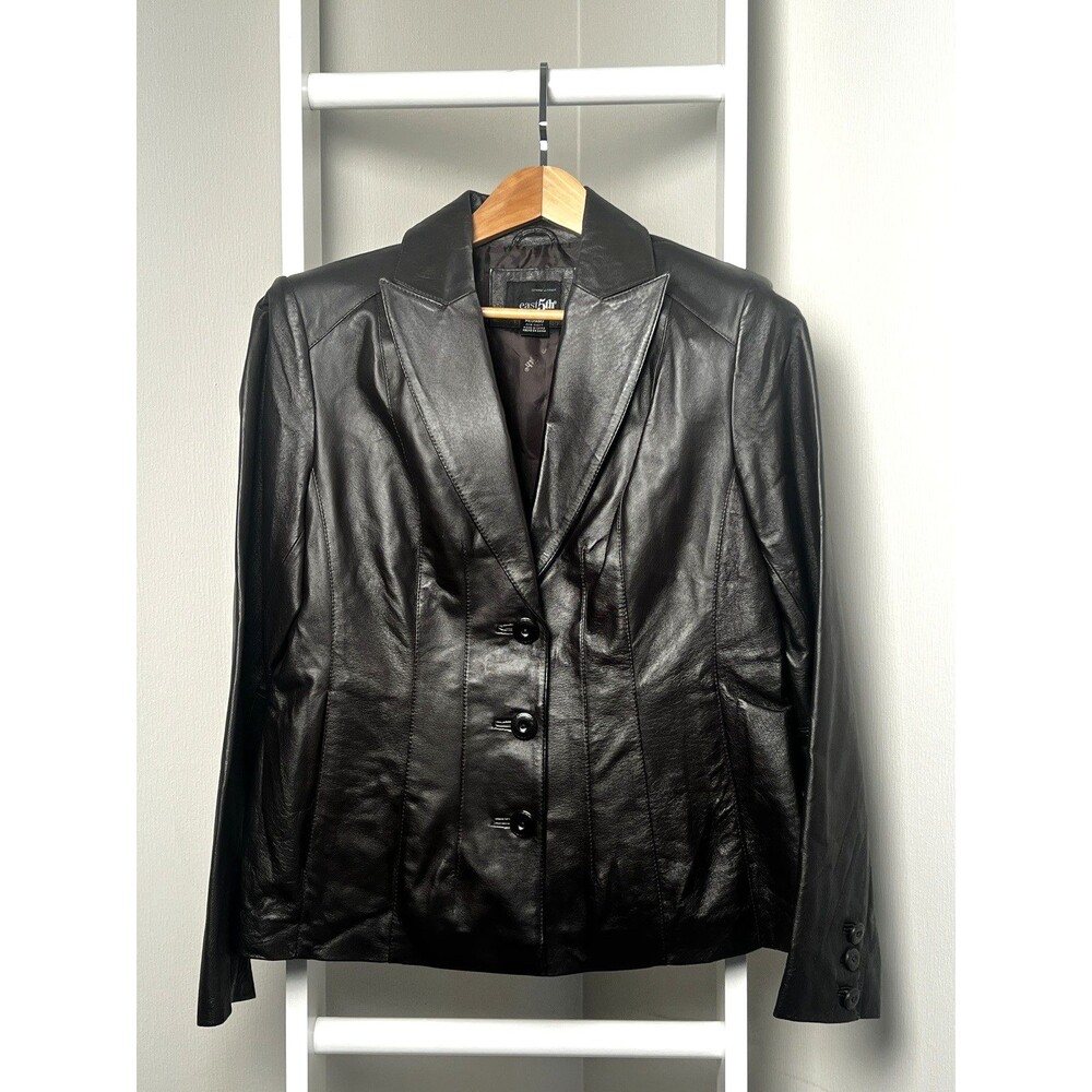 East 5th GENUINE Leather Blazer Jacket Womens M Brown Peak Lapel Pockets Lined